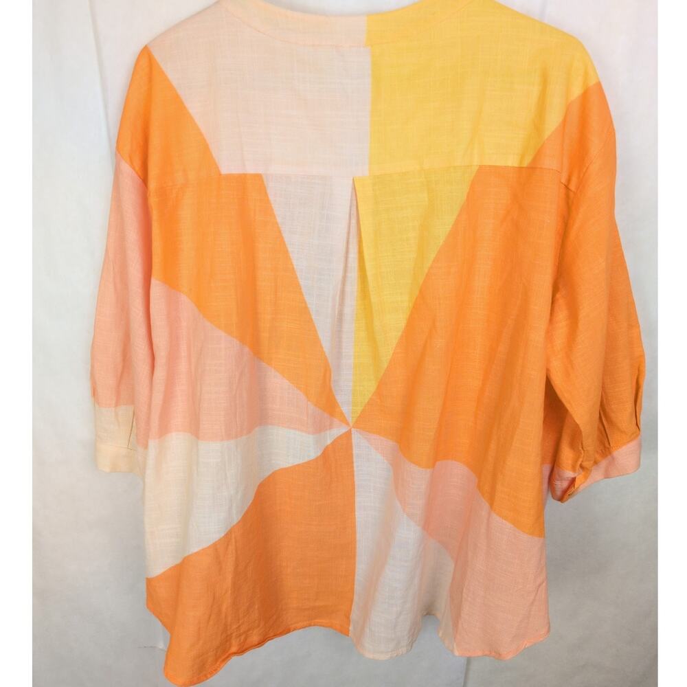 Avery & Maren Peace Sign linen orange button up shirt Size XL Boho Hippie Retro - Picture 2 of 5